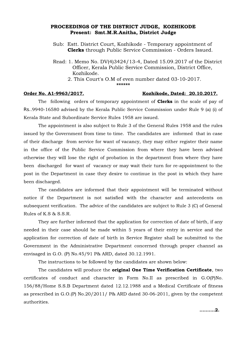 PROCEEDINGS of the DISTRICT JUDGE, KOZHIKODE Present: Smt.M.R.Anitha, District Judge