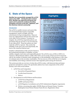 E. State of the Space 5.1.1.1.1.1.1Highlights HIGHLIG Text Neustar Has Successfully Managed the Ustld Space Since 2001