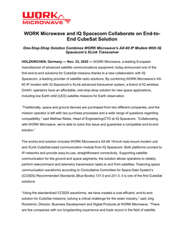 WORK Microwave and IQ Spacecom Collaborate on End-To- End Cubesat Solution