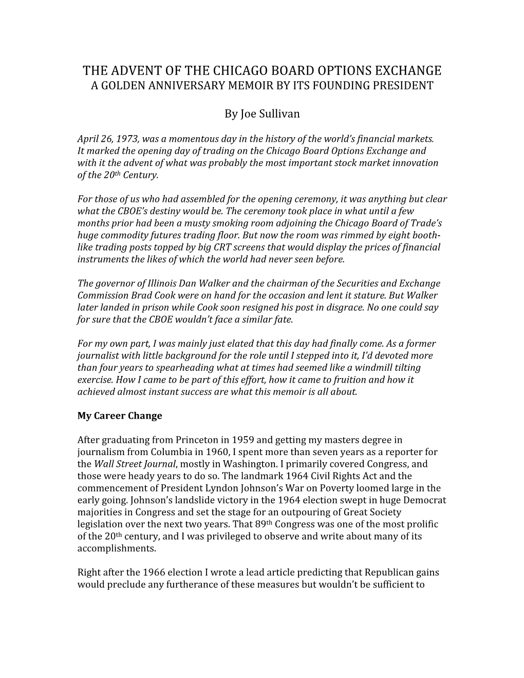The Advent of the Chicago Board Options Exchange a Golden Anniversary Memoir by Its Founding President