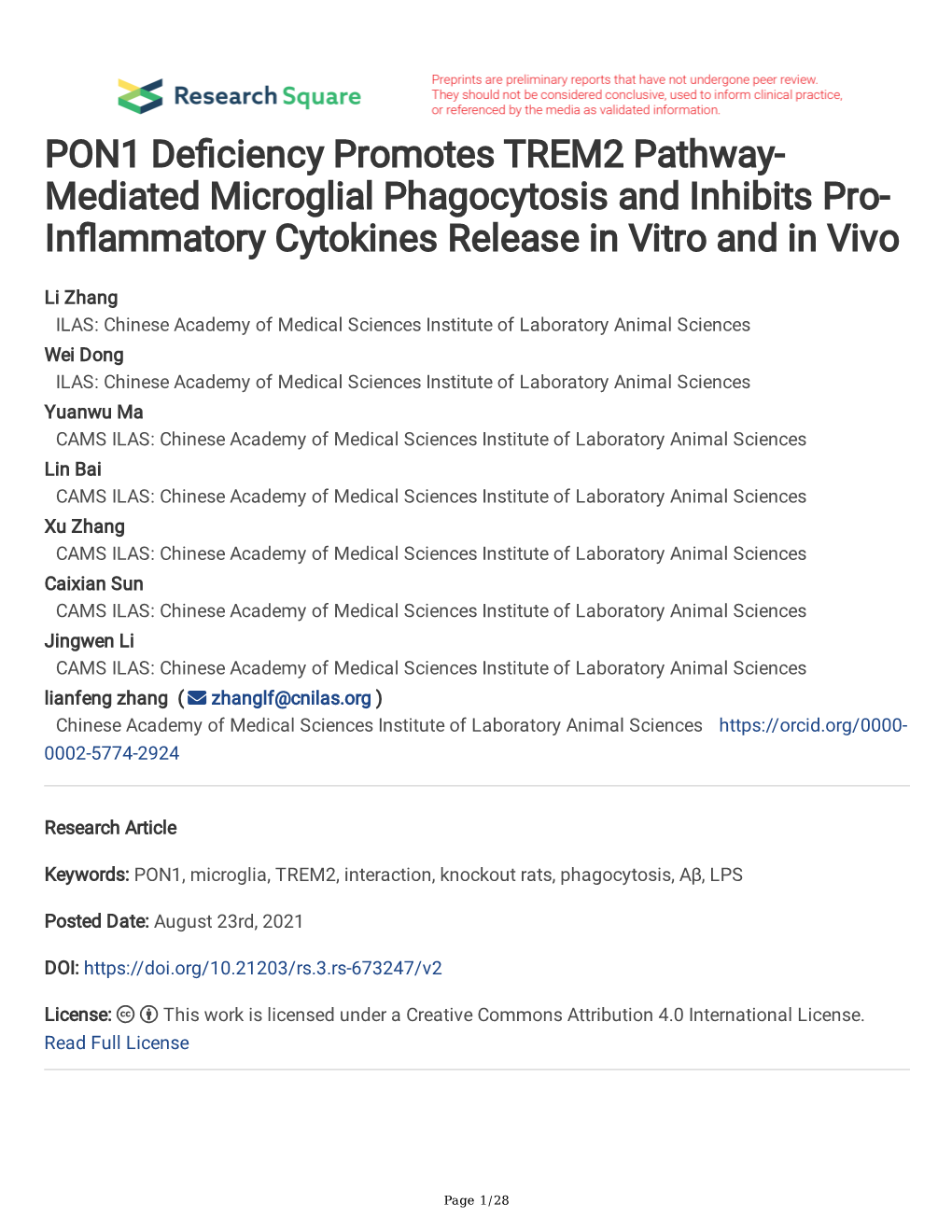 PON1 De Ciency Promotes TREM2 Pathway