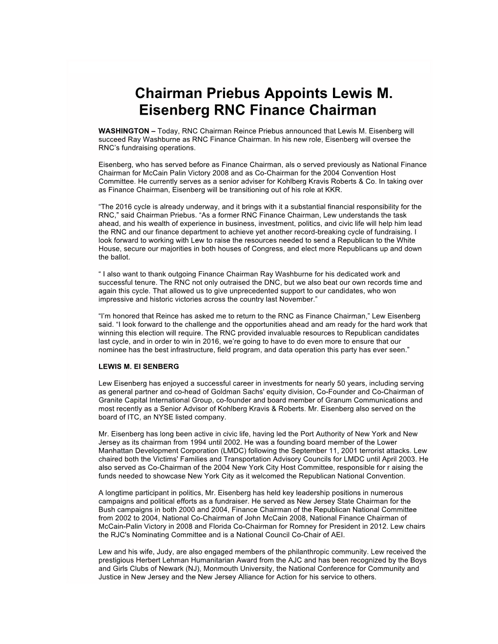 Chairman Priebus Appoints Lewis M. Eisenberg RNC Finance Chairman