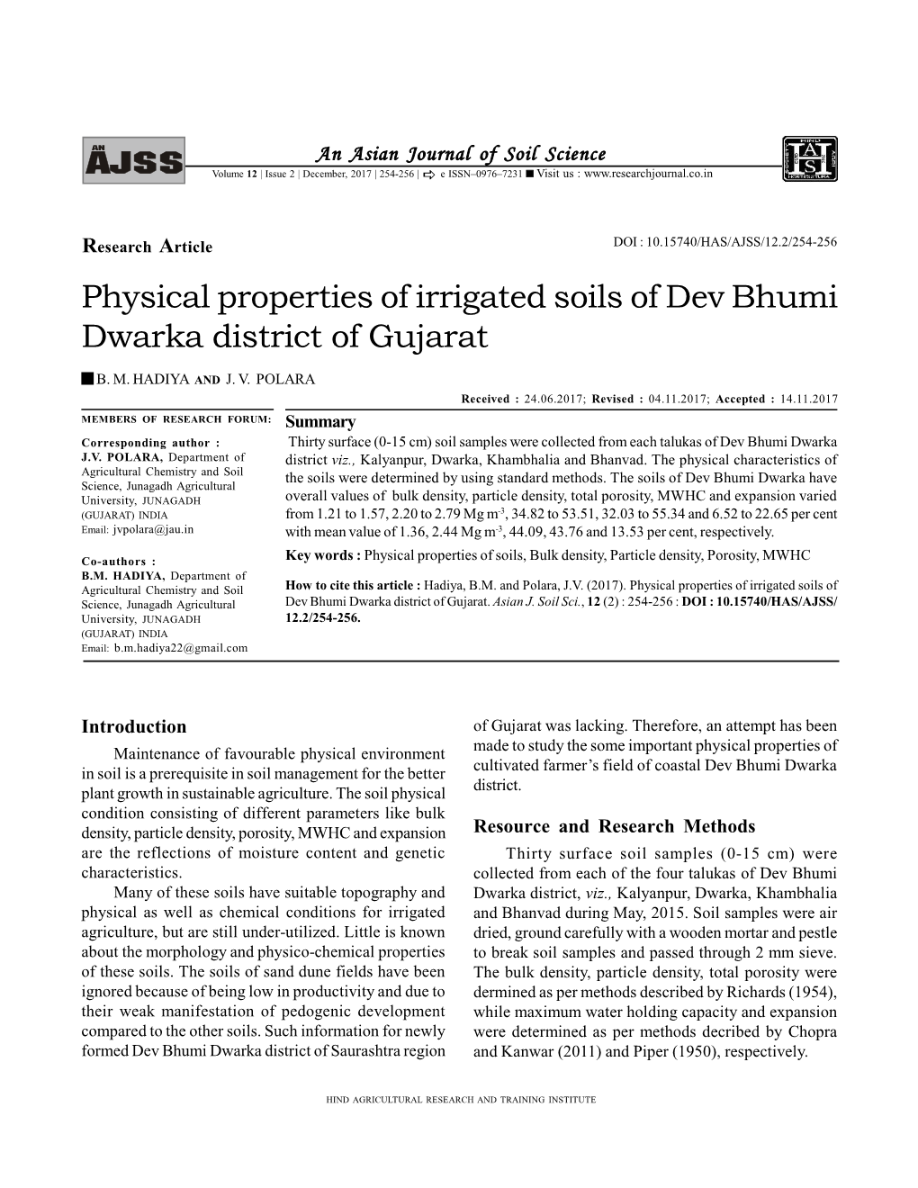 Physical Properties of Irrigated Soils of Dev Bhumi Dwarka District of Gujarat