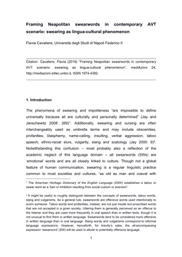 Framing Neapolitan Swearwords in Contemporary AVT Scenario: Swearing As Lingua-Cultural Phenomenon