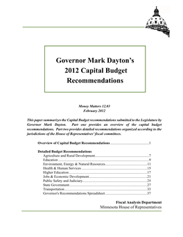 Governor Mark Dayton's 2012 Capital Budget Recommendations