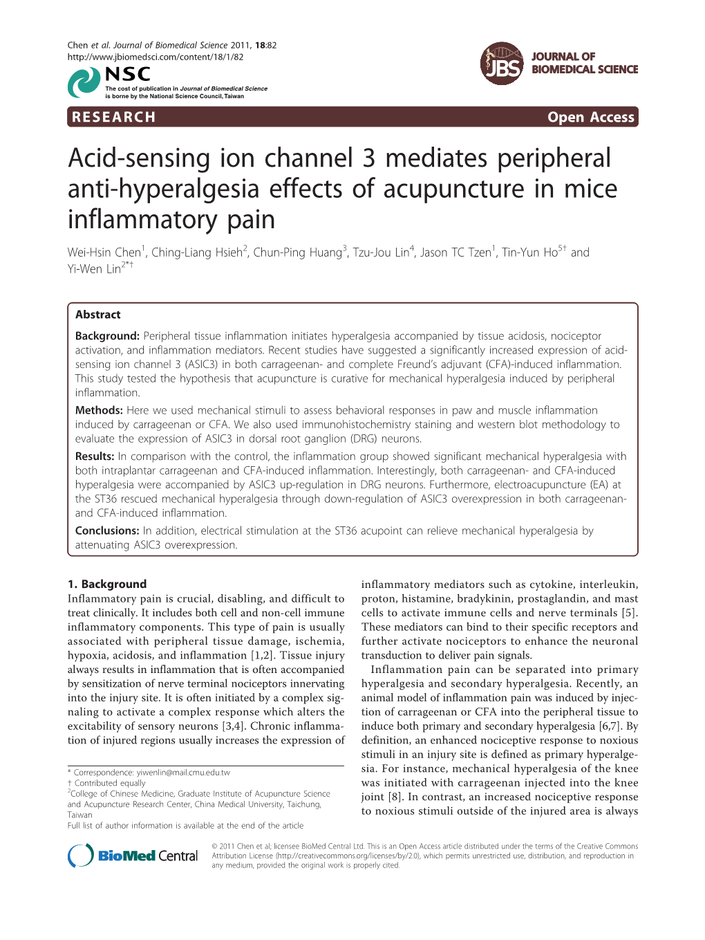 Acid-Sensing Ion Channel 3 Mediates Peripheral Anti-Hyperalgesia Effects