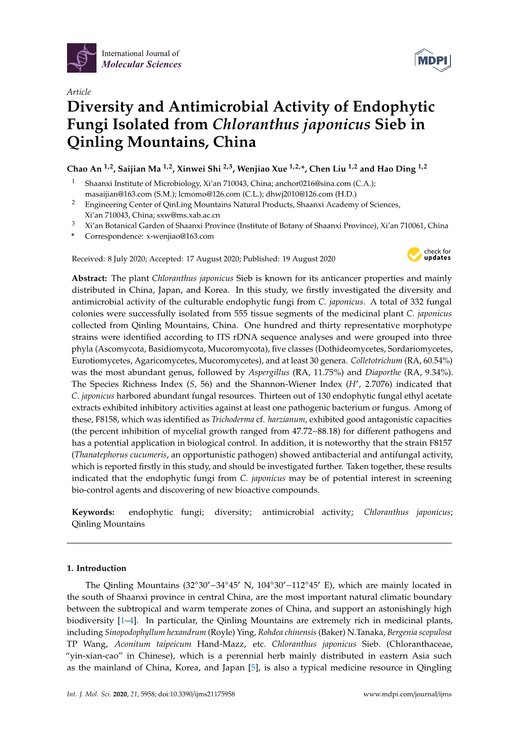 Diversity and Antimicrobial Activity of Endophytic Fungi Isolated from Chloranthus Japonicus Sieb in Qinling Mountains, China