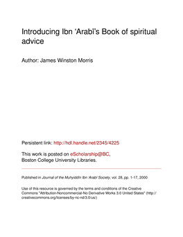 Introducing Ibn 'Arabī's Book of Spiritual Advice