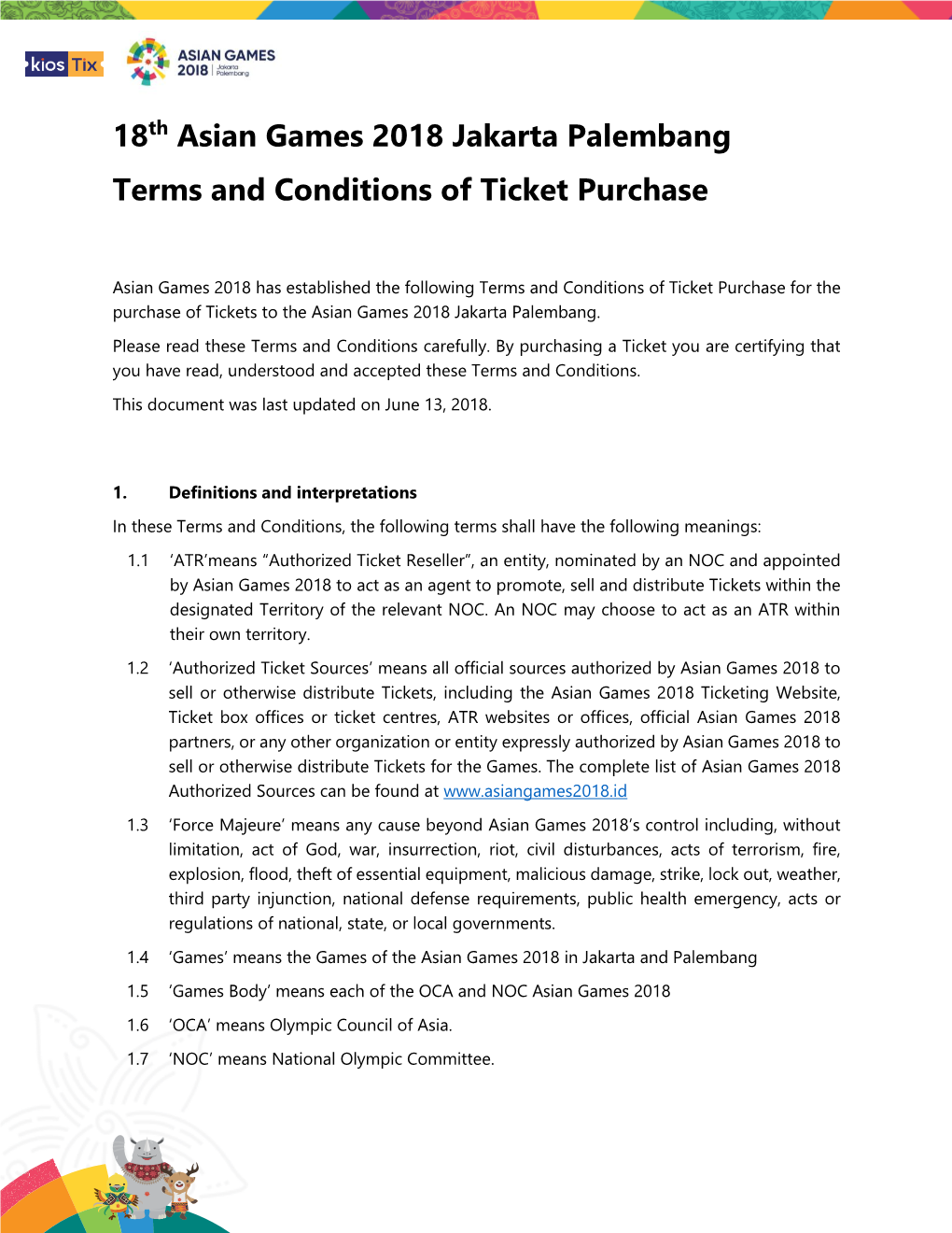 18Th Asian Games 2018 Jakarta Palembang Terms and Conditions of Ticket Purchase