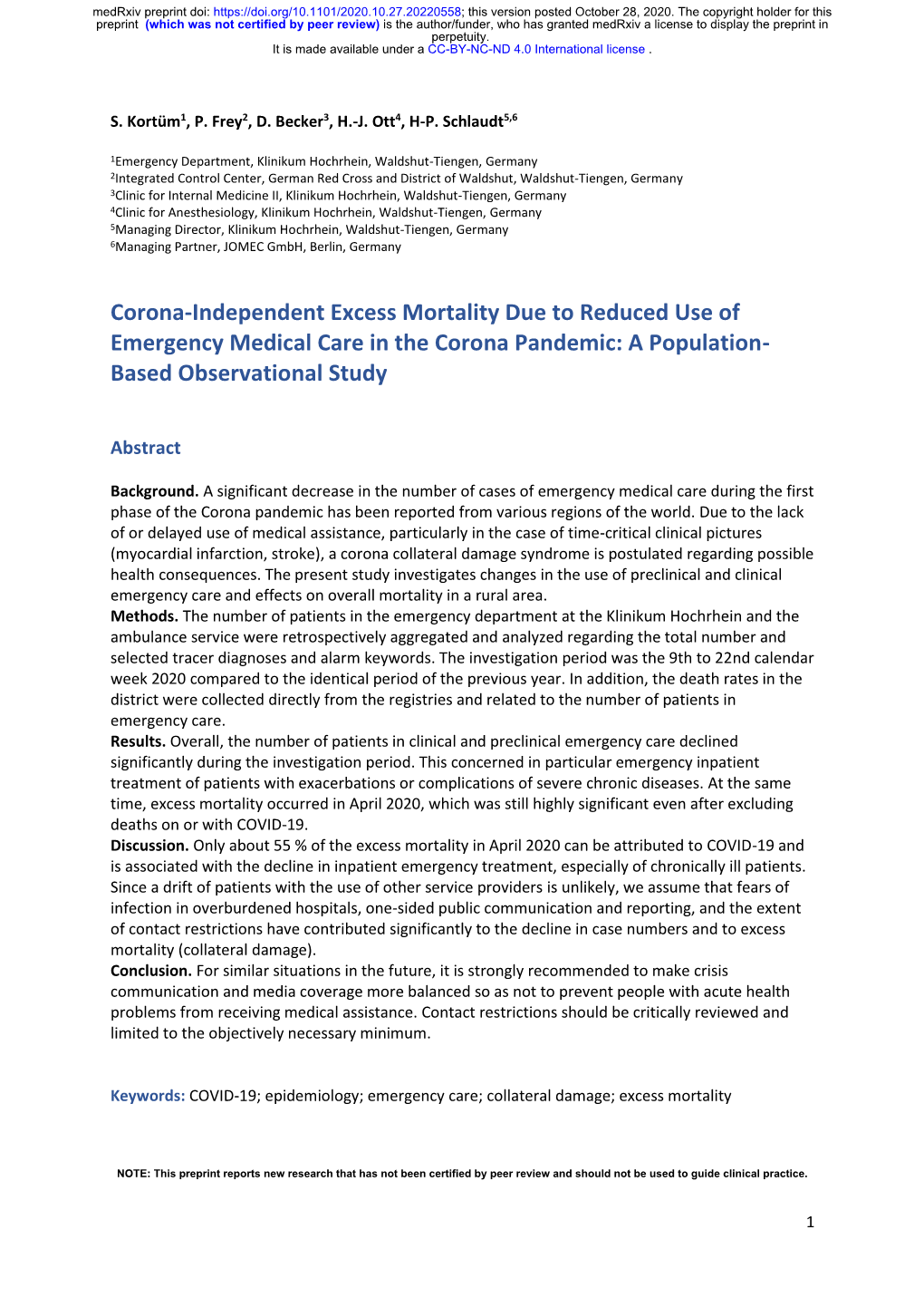 Corona-Independent Excess Mortality Due to Reduced Use of Emergency Medical Care in the Corona Pandemic: a Population- Based Observational Study
