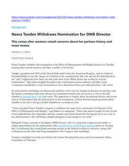 Neera Tanden Withdraws Nomination for OMB Director
