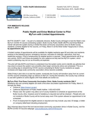 Public Health and Enloe Medical Center to Pilot Myturn with Limited Appointments
