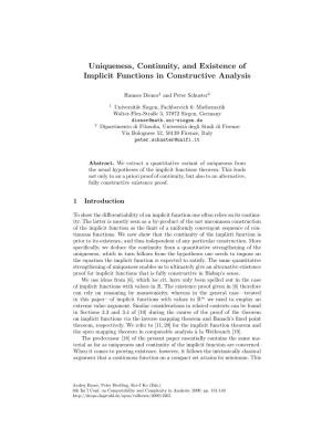 Uniqueness, Continuity, and Existence of Implicit Functions in Constructive Analysis