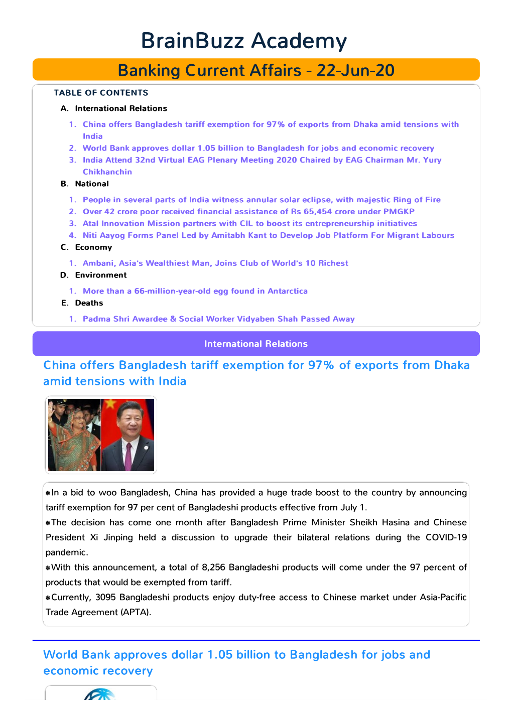 Banking Current Affairs - 22-Jun-20 TABLE of CONTENTS A