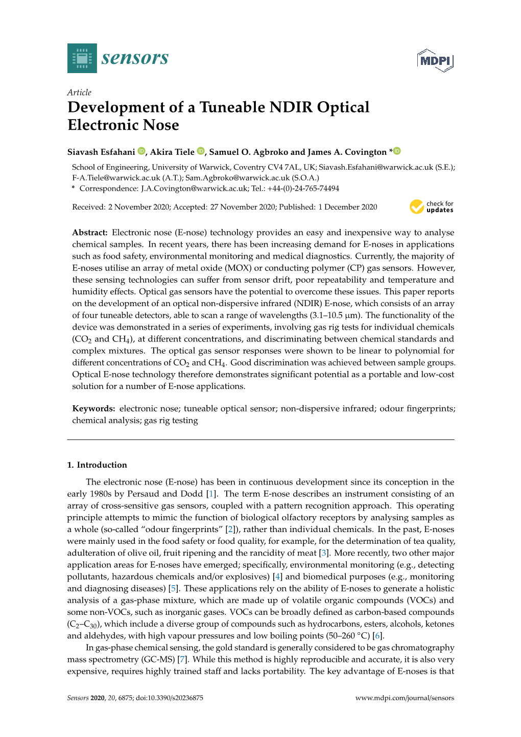 Development of a Tuneable NDIR Optical Electronic Nose