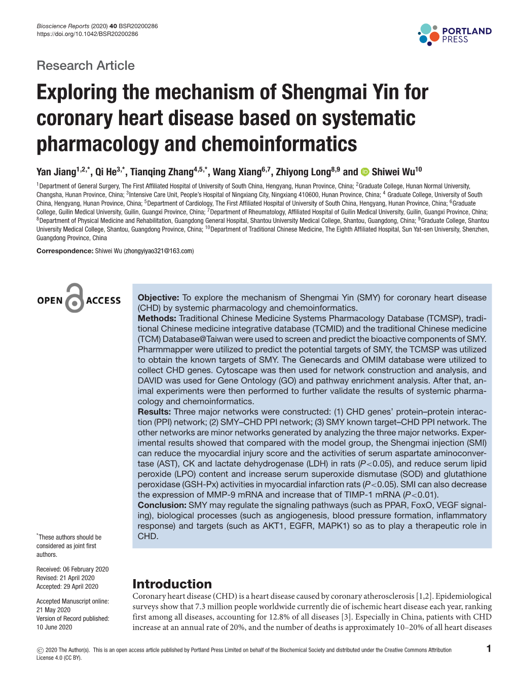 Exploring the Mechanism of Shengmai Yin for Coronary Heart Disease Based on Systematic Pharmacology and Chemoinformatics