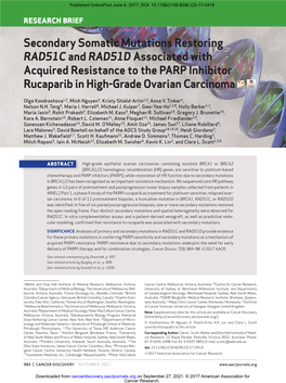 Secondary Somatic Mutations Restoring RAD51C and RAD51D Associated with Acquired Resistance to the PARP Inhibitor Rucaparib in High-Grade Ovarian Carcinoma
