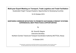Northern Corridor Initiatives to Promote Sustainable Freight Systems: Experiences, Best Practices & Opportunities