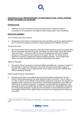 TELEFÓNICA O2 UK LIMITED RESPONSE: OFCOM CONSULTATION - DIGITAL DIVIDEND REVIEW: 550-630Mhz and 790-854 Mhz