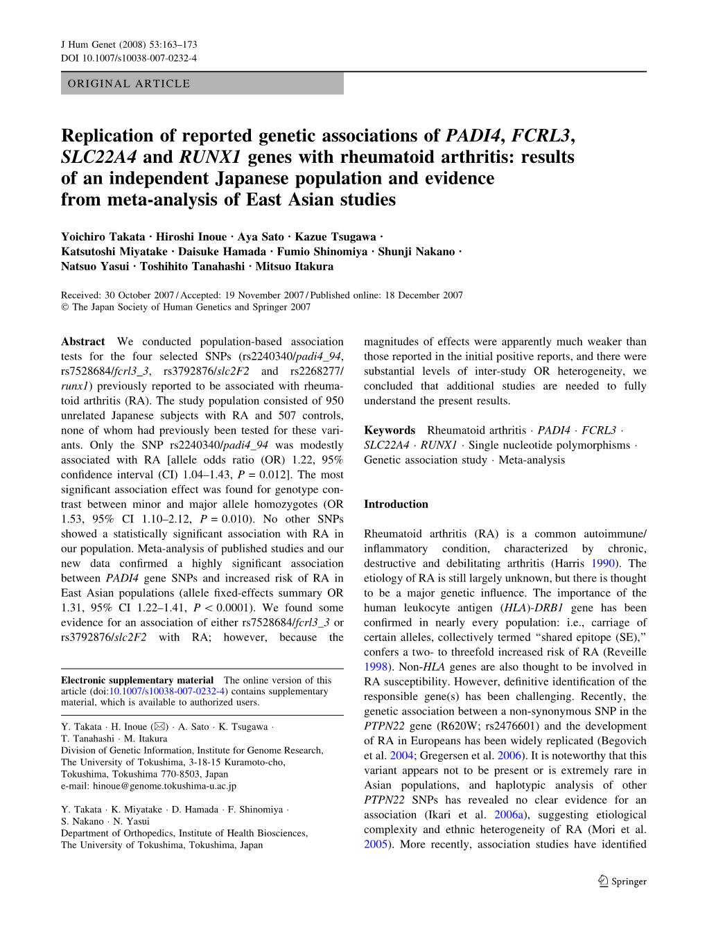 Replication of Reported Genetic Associations of PADI4, FCRL3