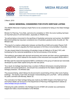 Anzac Memorial Considered for State Heritage Listing