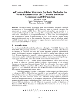A Proposed Set of Mnemonic Symbolic Glyphs for the Visual Representation of C0 Controls and Other Nonprintable ASCII Characters Michael P