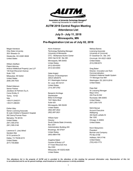 AUTM 2018 Central Region Meeting Pre-Registration List As of July 02