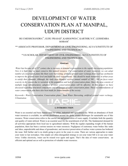 Development of Water Conservation Plan at Manipal, Udupi District