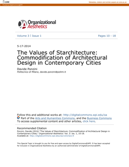 The Values of Starchitecture: Commodification of Architectural Design in Contemporary Cities Davide Ponzini Politecnico Di Milano, Davide.Ponzini@Polimi.It