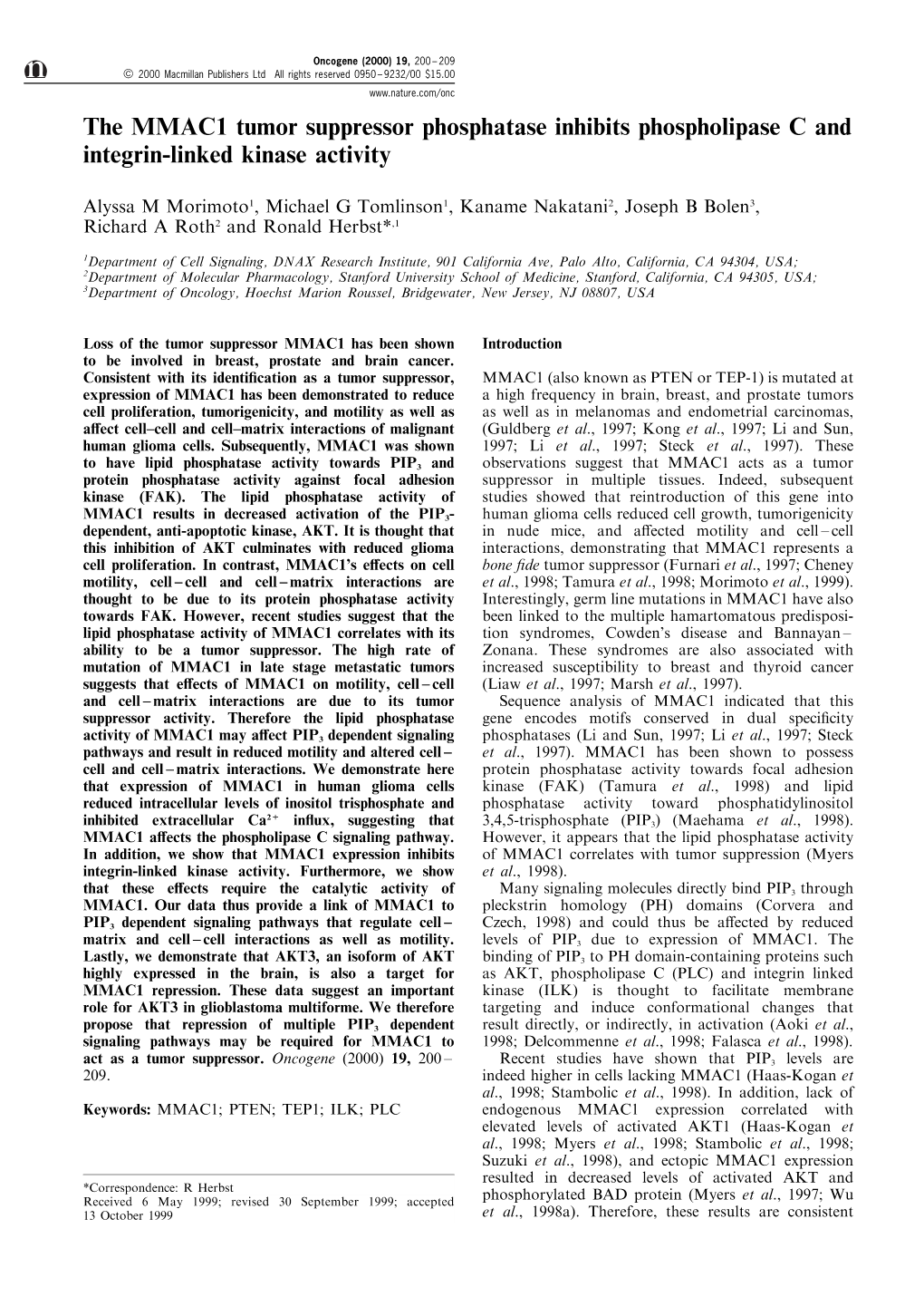 The MMAC1 Tumor Suppressor Phosphatase Inhibits Phospholipase C and Integrin-Linked Kinase Activity