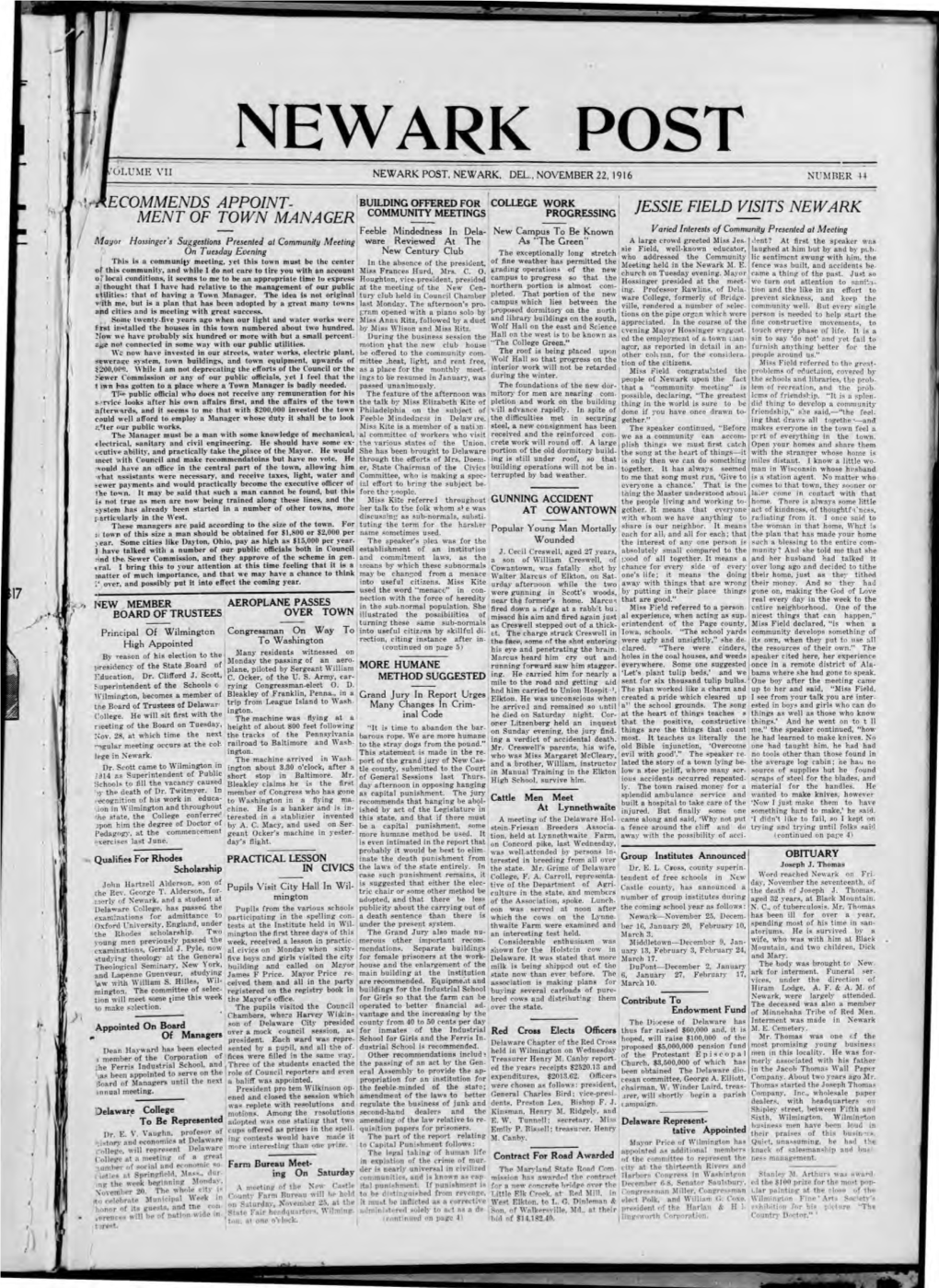 Newark Post Newark Post, Newark, Del., November 22,1916 Number H