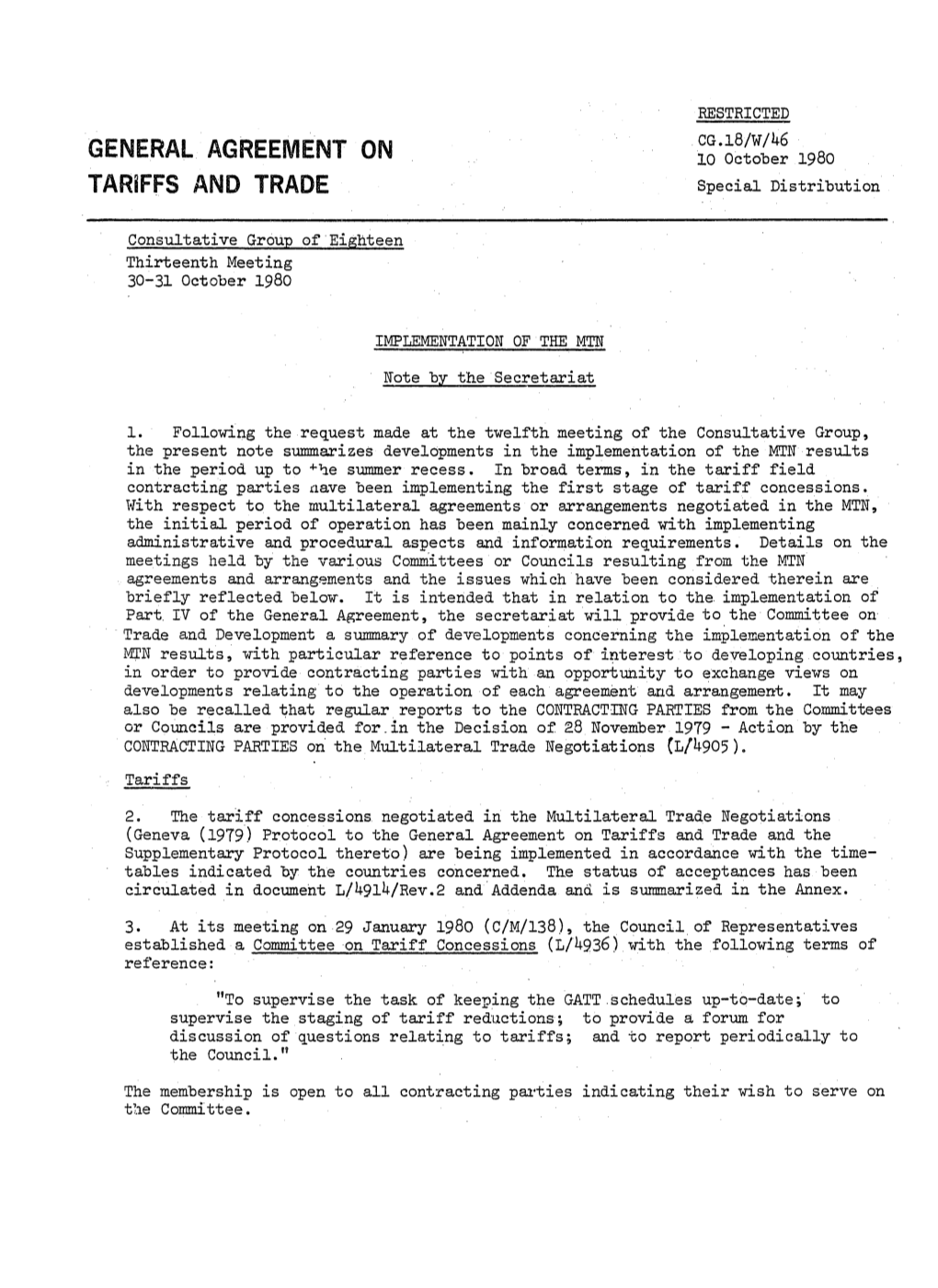 GENERAL AGREEMENT on 10 October 1980 TARIFFS and TRADE Special Distribution