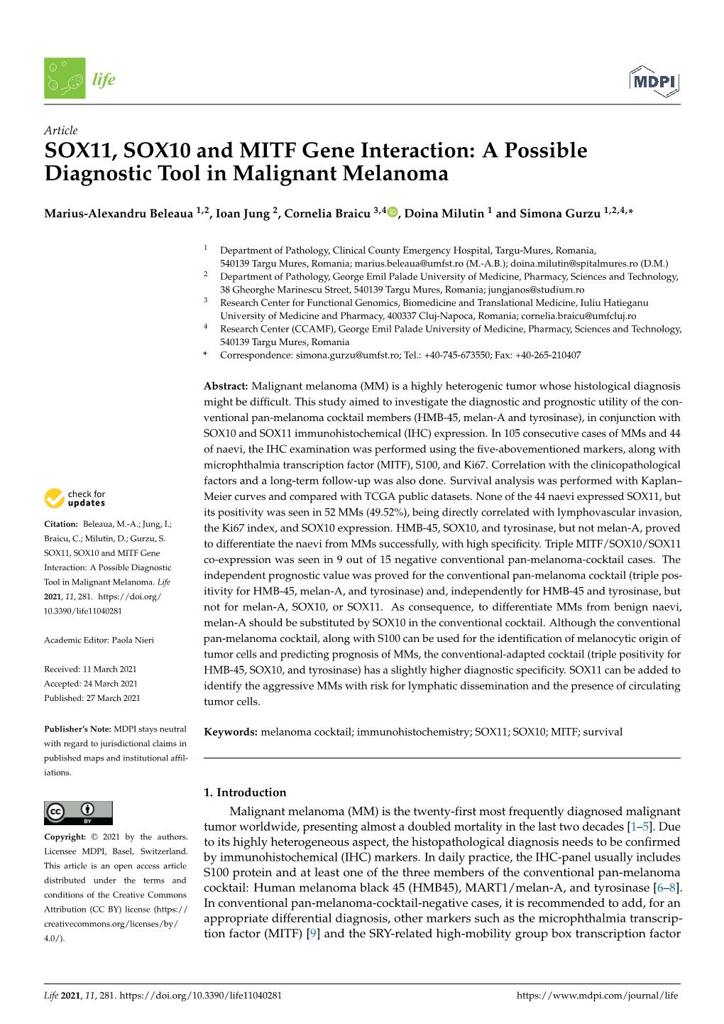 SOX11, SOX10 and MITF Gene Interaction: a Possible Diagnostic Tool in Malignant Melanoma