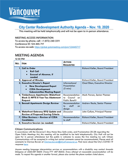 City Center Redevelopment Authority Agenda – Nov. 19, 2020 This Meeting Will Be Held Telephonically and Will Not Be Open to In-Person Attendance