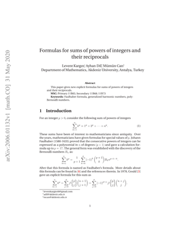 Formulas for Sums of Powers of Integers and Their Reciprocals