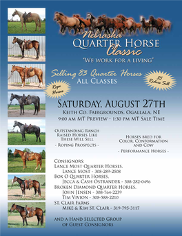 Selling 83 Quarter Horses Saturday, August 27Th