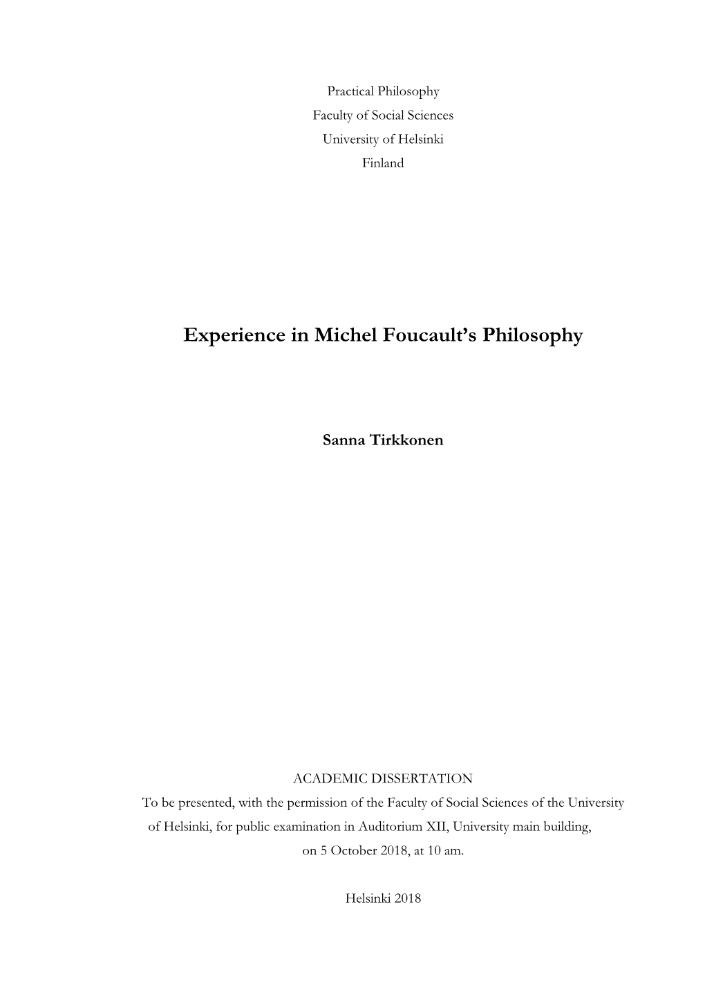 Experience in Michel Foucault's Philosophy