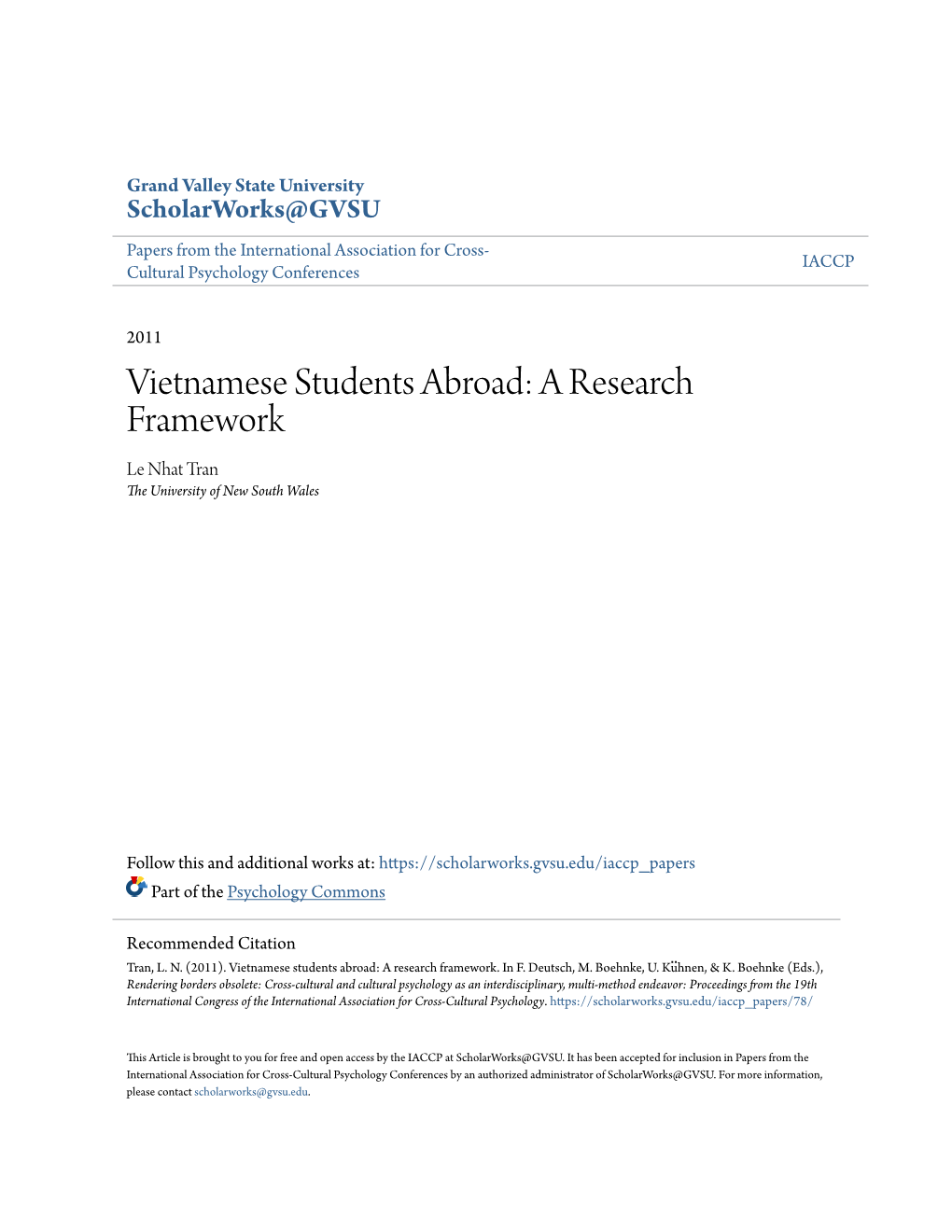 Vietnamese Students Abroad: a Research Framework Le Nhat Tran the University of New South Wales