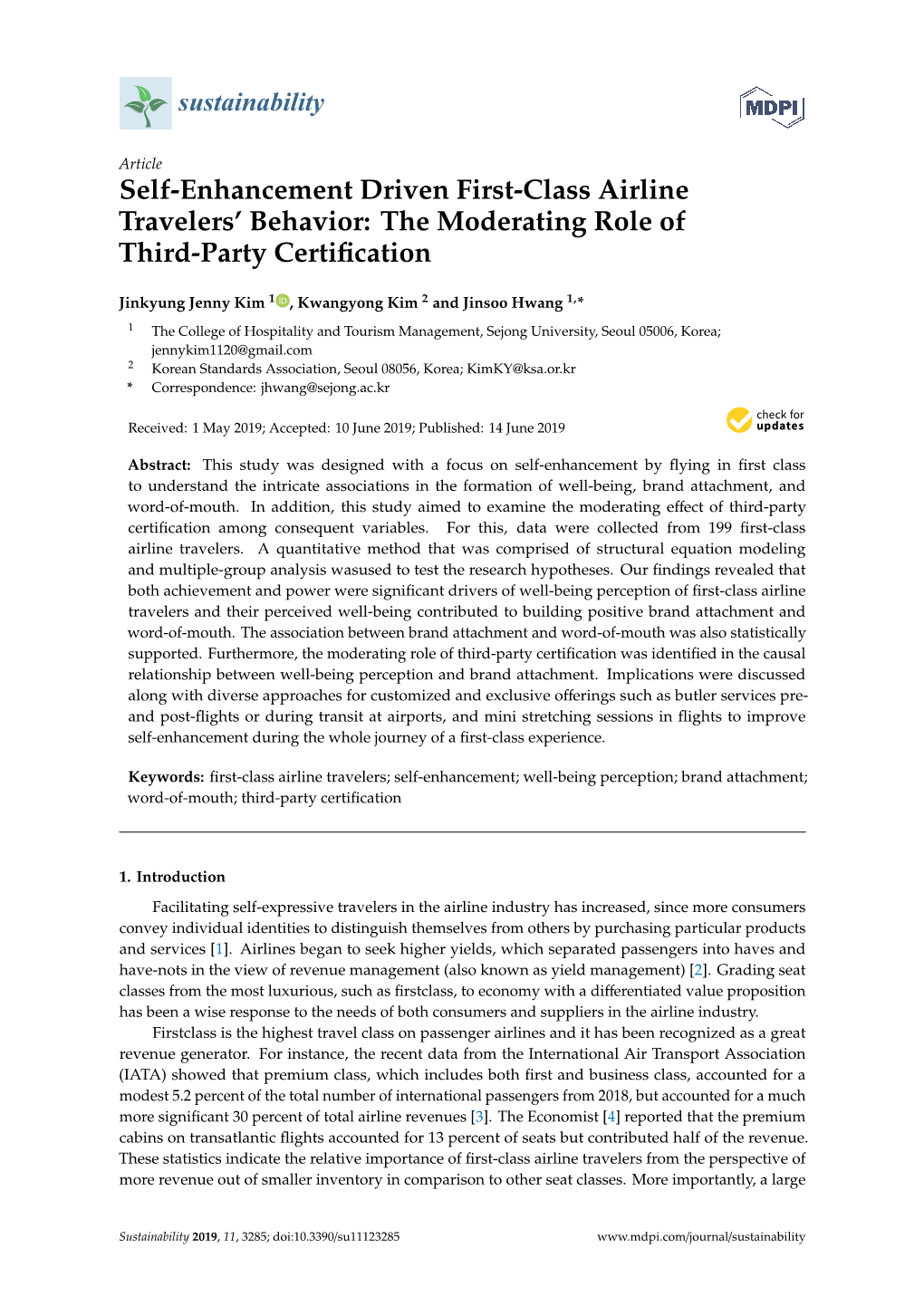 Self-Enhancement Driven First-Class Airline Travelers’ Behavior: the Moderating Role of Third-Party Certiﬁcation