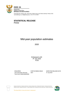Mid-Year Population Estimates, 2020 STATISTICS SOUTH AFRICA Iii P0302