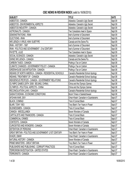 CBC NEWS in REVIEW INDEX (Valid to 16/06/2010)