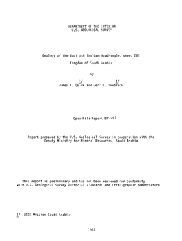 Geology of the Wadi Ash Shu'bah Quadrangle, Sheet 26E Kingdom of Saudi Arabia