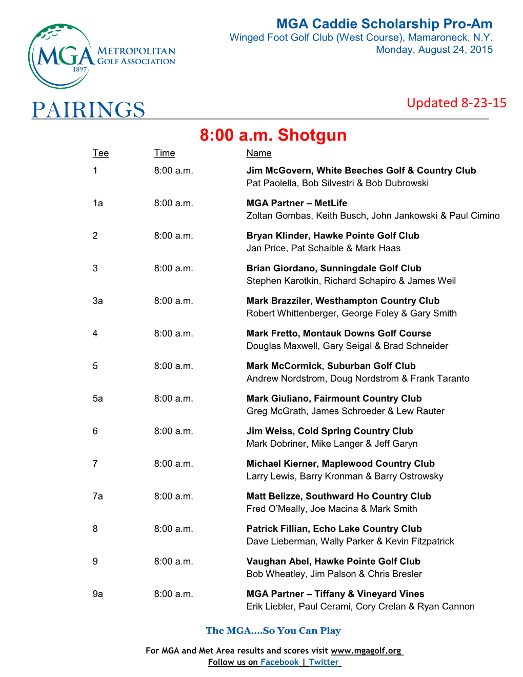 PAIRINGS Updated 8-23-15