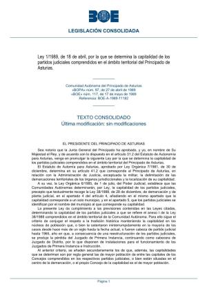 Ley 1/1989, De 18 De Abril, Por La Que Se Determina La Capitalidad De Los Partidos Judiciales Comprendidos En El Ámbito Territorial Del Principado De Asturias