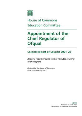 Appointment of the Chief Regulator of Ofqual