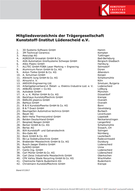 Mitgliedsverzeichnis Der Trägergesellschaft Kunststoff-Institut Lüdenscheid E.V