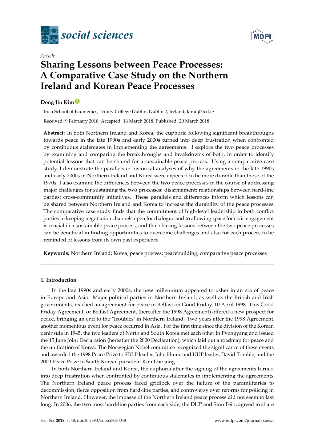 Sharing Lessons Between Peace Processes: a Comparative Case Study on the Northern Ireland and Korean Peace Processes