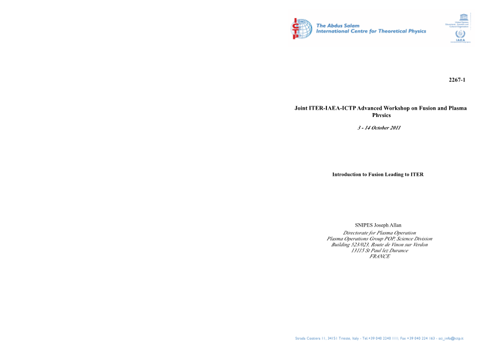 Introduction to Fusion Leading to ITER