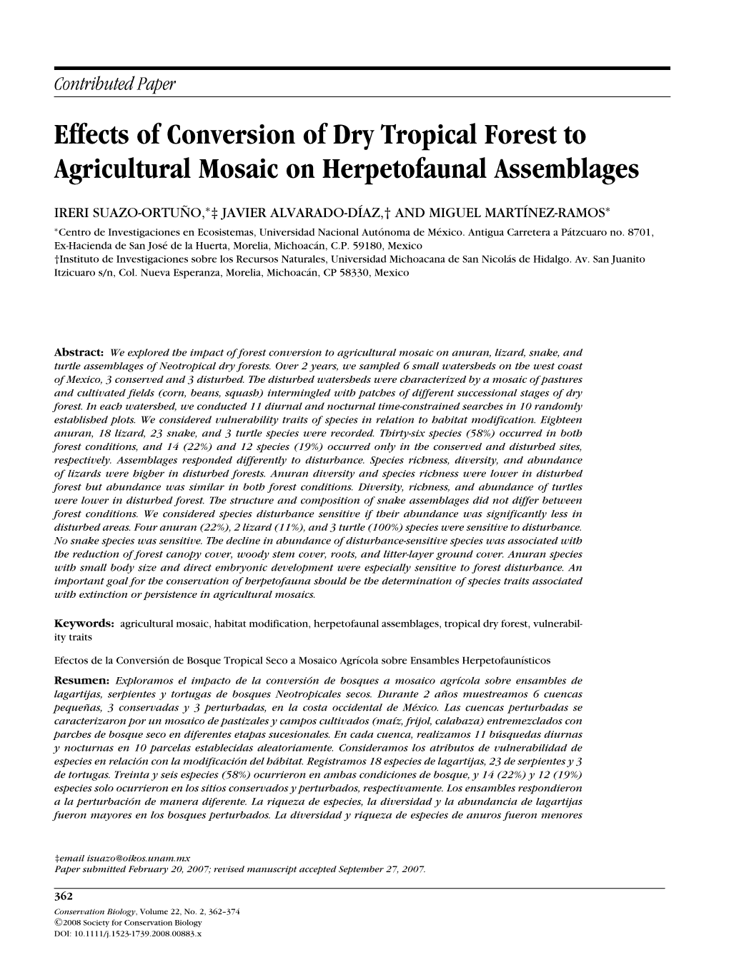 Effects of Conversion of Dry Tropical Forest to Agricultural Mosaic on Herpetofaunal Assemblages