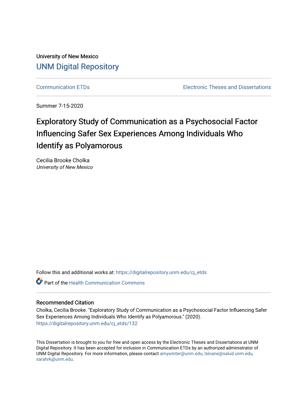 Exploratory Study of Communication As a Psychosocial Factor Influencing Safer Sex Experiences Among Individuals Who Identify As Polyamorous